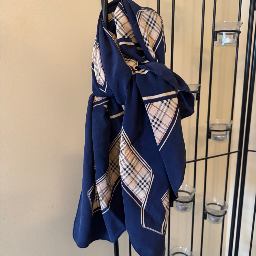 Navy Blue Plaid Silk Scarf